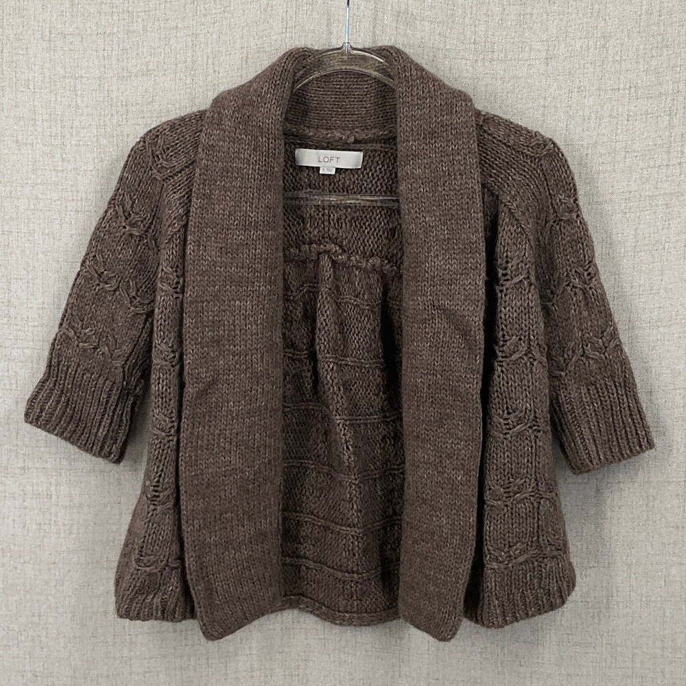 LOFT Cardigan Women M Brown Alpaca Wool Blend Shawl Collar Cable Knit Open